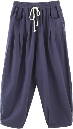 Minibee Women's Baggy Harem Pants Wide Leg Casual Pant Summer Cotton Drawstring Trousers with Pockets