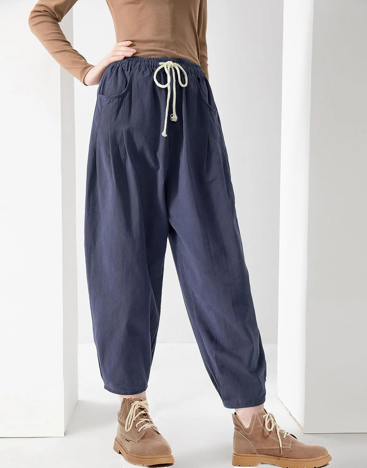 Minibee Women's Baggy Harem Pants Wide Leg Casual Pant Summer Cotton Drawstring Trousers with Pockets
