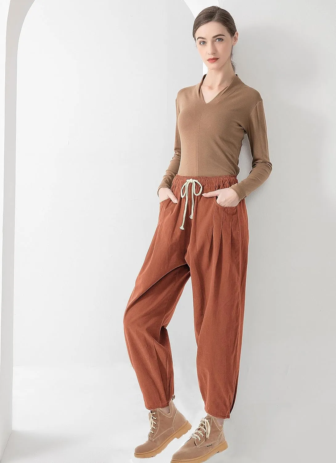 Minibee Women's Baggy Harem Pants Wide Leg Casual Pant Summer Cotton Drawstring Trousers with Pockets