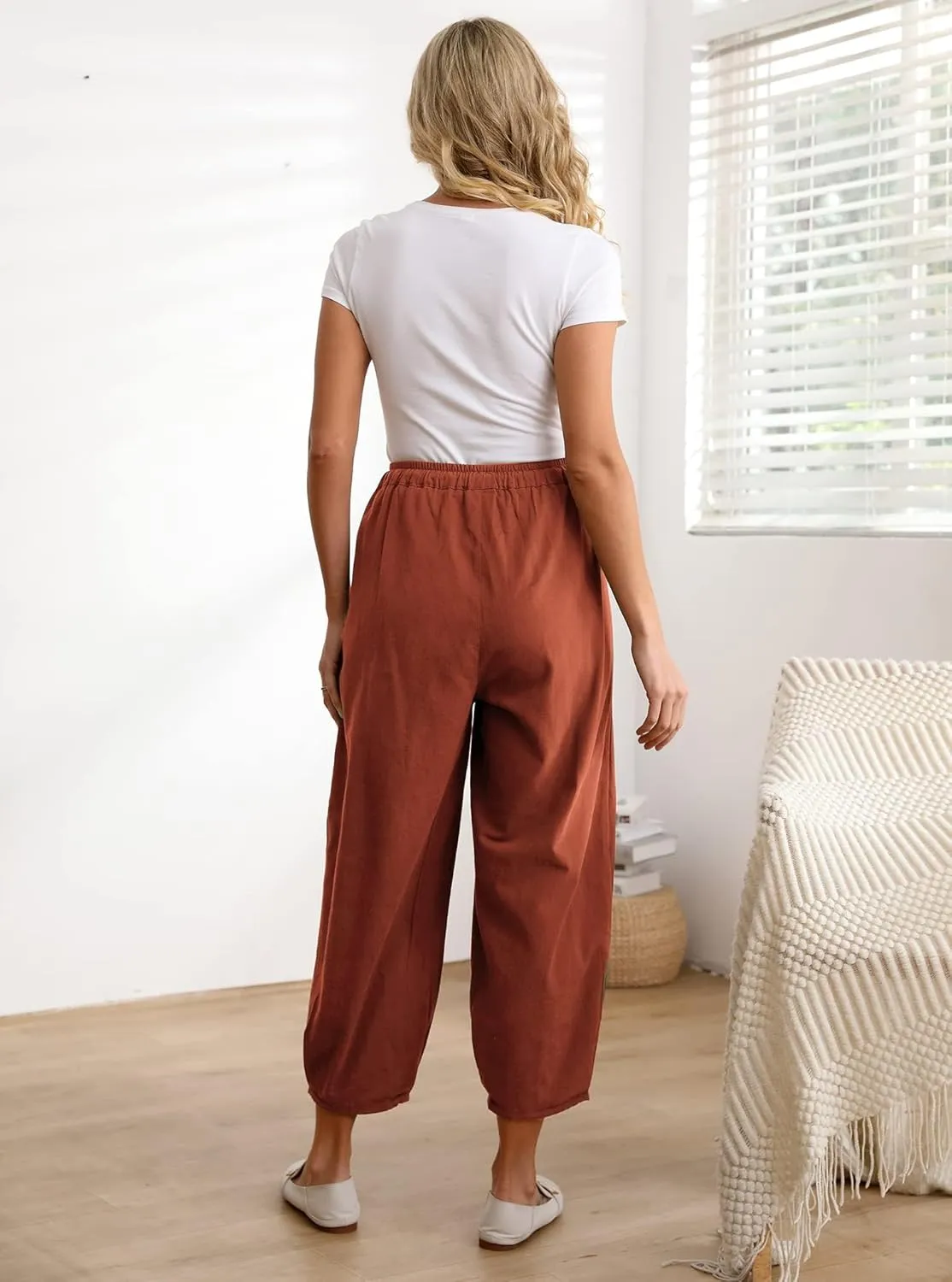 Minibee Women's Baggy Harem Pants Wide Leg Casual Pant Summer Cotton Drawstring Trousers with Pockets