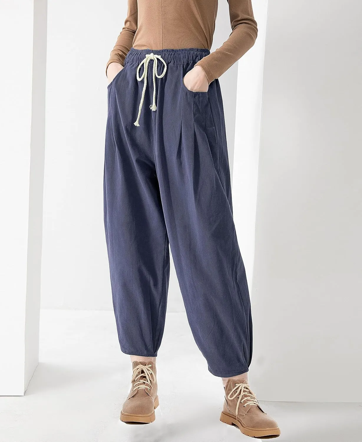 Minibee Women's Baggy Harem Pants Wide Leg Casual Pant Summer Cotton Drawstring Trousers with Pockets