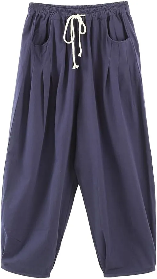 Minibee Women's Baggy Harem Pants Wide Leg Casual Pant Summer Cotton Drawstring Trousers with Pockets