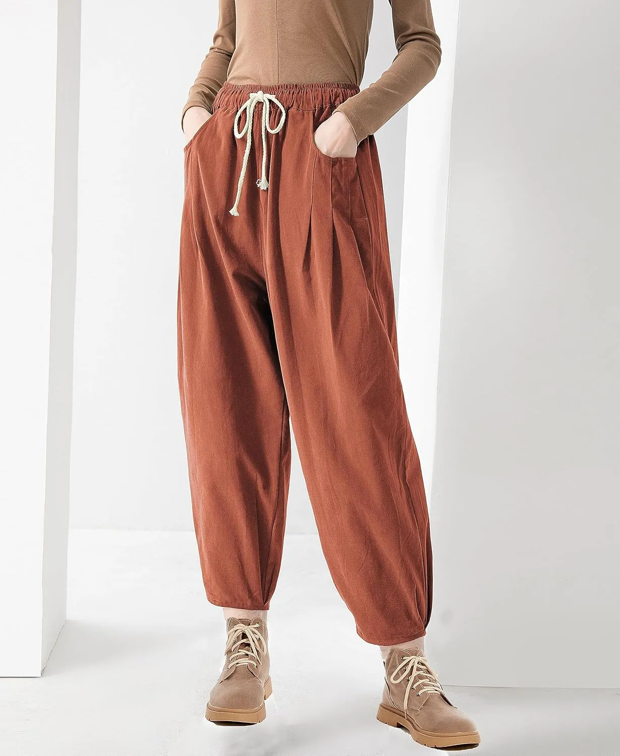 Minibee Women's Baggy Harem Pants Wide Leg Casual Pant Summer Cotton Drawstring Trousers with Pockets