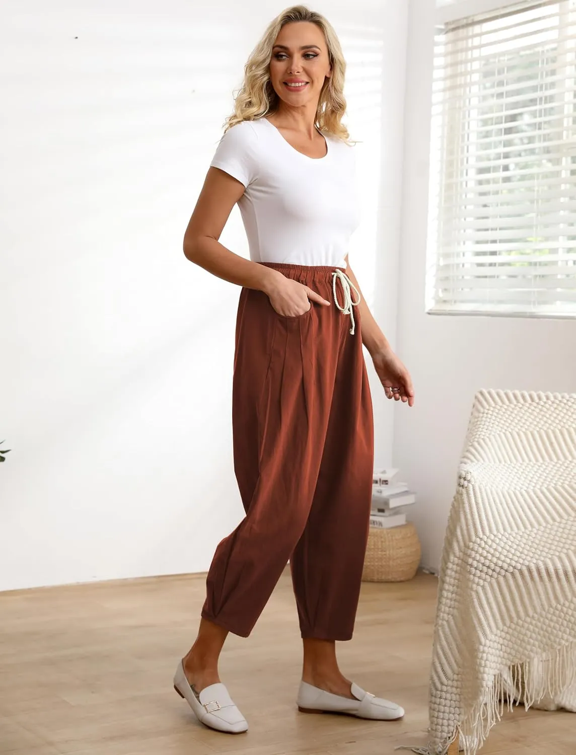 Minibee Women's Baggy Harem Pants Wide Leg Casual Pant Summer Cotton Drawstring Trousers with Pockets