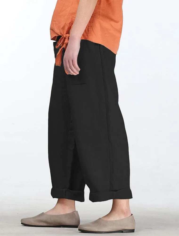Minibee Women's Wide Leg Harem Pants Cotton Linen Striped Casual Palazzo Pants with Pockets