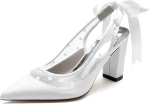 Minishion Shoes for a Wedding Party for Women Slingback Evening Pumps Block Heel Formal Mules with Ribbon BR133