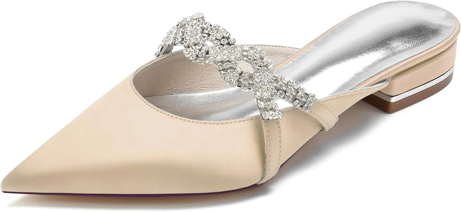 Minishion Wedding Flats Bride Shoes Womens Backless Comfy Evening Dress Mules Shoes with Rhinestone BR158