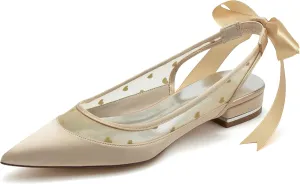 Minishion Woman Girls Wedding Dress Flats Slingback Transparent Evening Formal Mules Shoes with Ribbon BR235