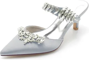 Minishion Womens Dress Wedding Shoe Backless Kitten Heel Evening Pumps Mules with Rhinestones BR037