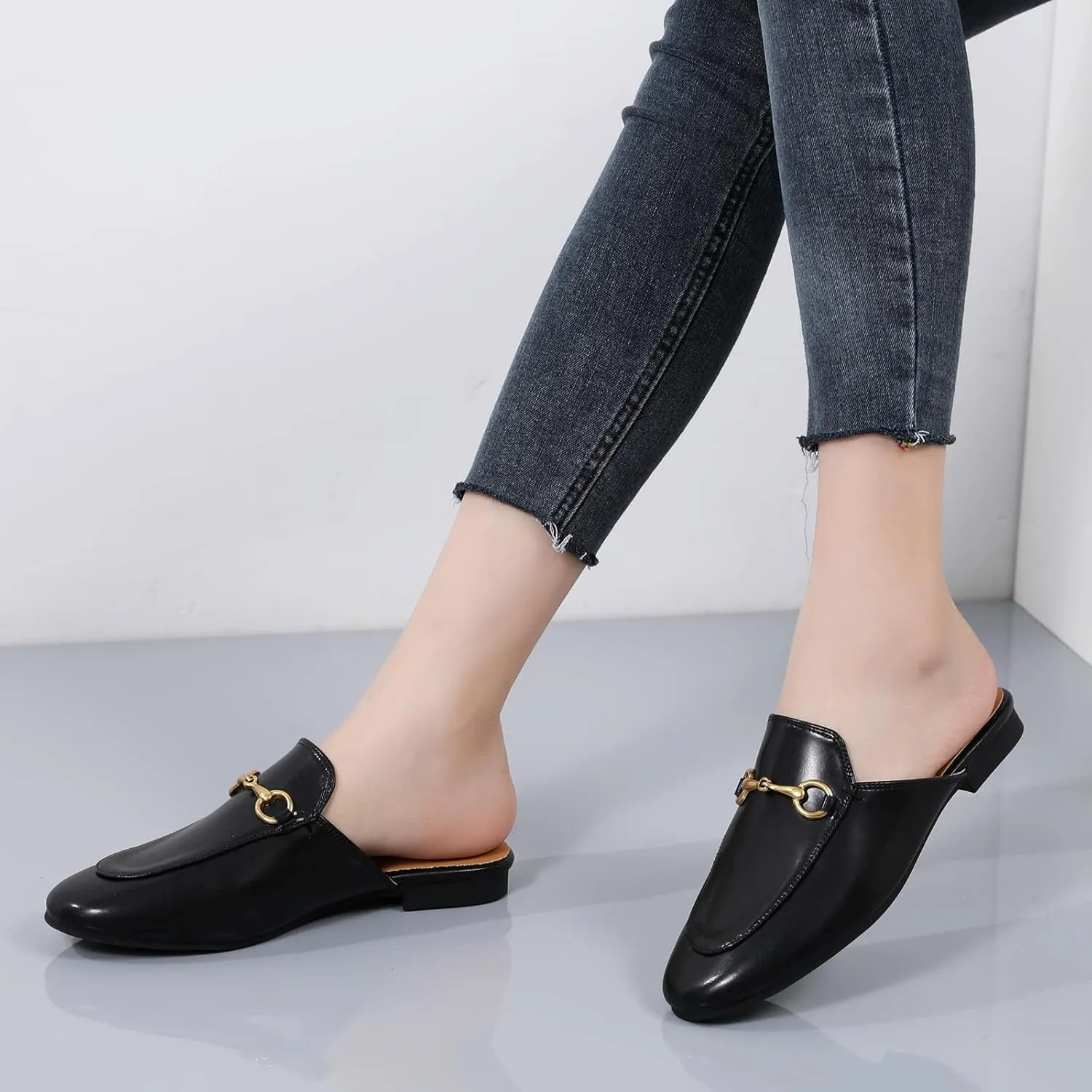 Minorsu Buckle Mules for Women Flats Round Toe Mule Backless Slides Slip On Loafer Shoes