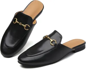 Minorsu Buckle Mules for Women Flats Round Toe Mule Backless Slides Slip On Loafer Shoes