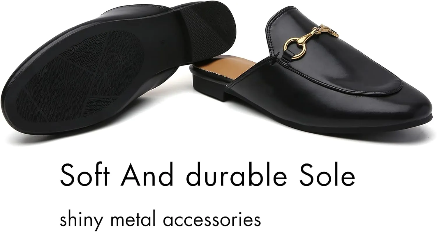 Minorsu Buckle Mules for Women Flats Round Toe Mule Backless Slides Slip On Loafer Shoes