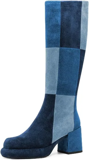 miss left Women Platform Knee High Boots Closed Round Toe Mid Chunky Heel Patchwork Winter Fall Boot Side Zip Dressy Daily Casual Party Walking Shoes Size 4-16 US
