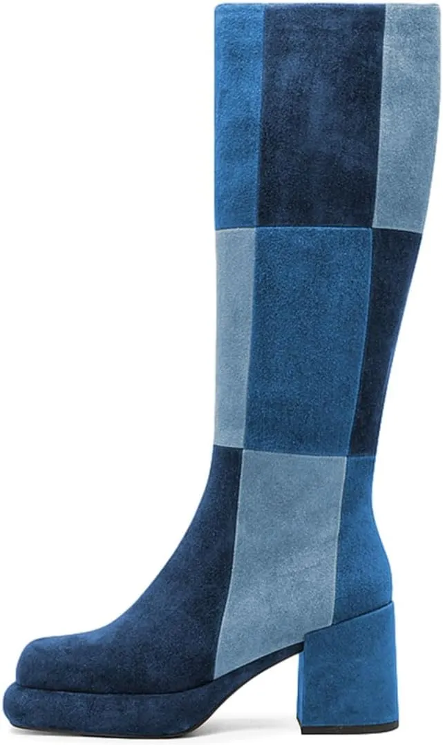 miss left Women Platform Knee High Boots Closed Round Toe Mid Chunky Heel Patchwork Winter Fall Boot Side Zip Dressy Daily Casual Party Walking Shoes Size 4-16 US