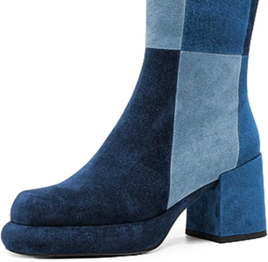 miss left Women Platform Knee High Boots Closed Round Toe Mid Chunky Heel Patchwork Winter Fall Boot Side Zip Dressy Daily Casual Party Walking Shoes Size 4-16 US