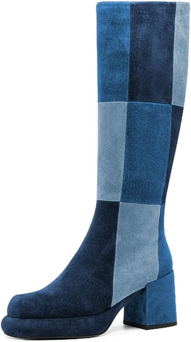 miss left Women Platform Knee High Boots Closed Round Toe Mid Chunky Heel Patchwork Winter Fall Boot Side Zip Dressy Daily Casual Party Walking Shoes Size 4-16 US