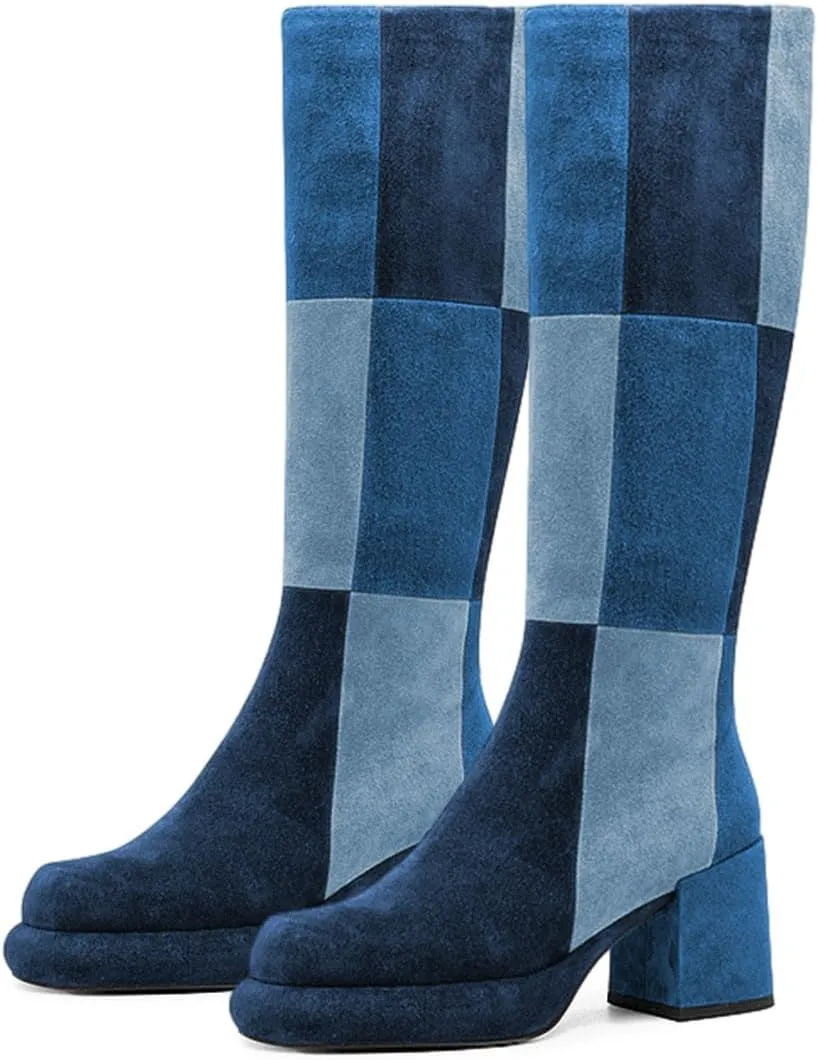 miss left Women Platform Knee High Boots Closed Round Toe Mid Chunky Heel Patchwork Winter Fall Boot Side Zip Dressy Daily Casual Party Walking Shoes Size 4-16 US