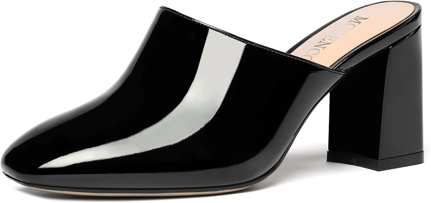 MODENCOCO Womens Fashion Slip On Casual Patent Dating Square Toe Block High Heel High Heeled Mules Shoes 3 Inch