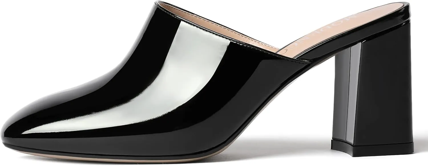 MODENCOCO Womens Fashion Slip On Casual Patent Dating Square Toe Block High Heel High Heeled Mules Shoes 3 Inch