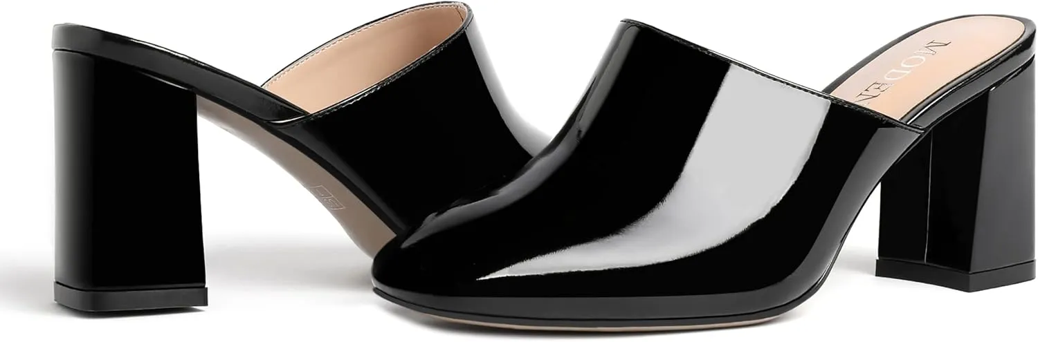 MODENCOCO Womens Fashion Slip On Casual Patent Dating Square Toe Block High Heel High Heeled Mules Shoes 3 Inch
