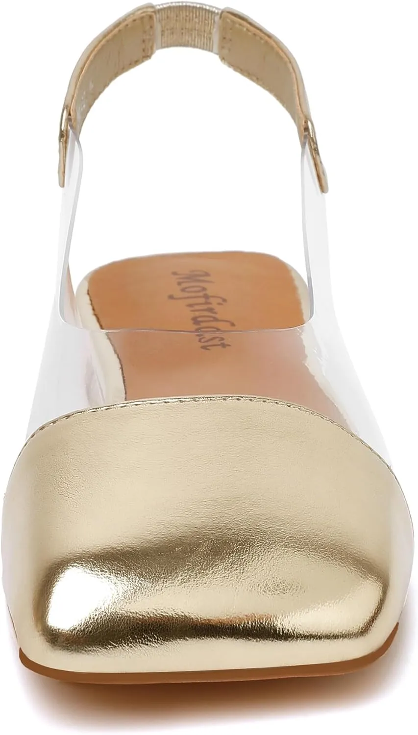 Mofirdast Clear Flats Sandals for Women Square Toe Slingback Flats with Transparent Ankle Strap for Work Weddings Parties