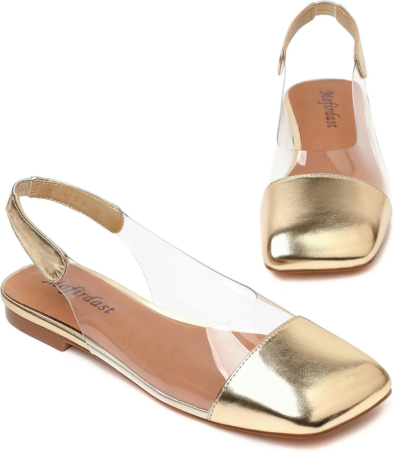 Mofirdast Clear Flats Sandals for Women Square Toe Slingback Flats with Transparent Ankle Strap for Work Weddings Parties