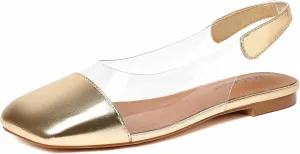 Mofirdast Clear Flats Sandals for Women Square Toe Slingback Flats with Transparent Ankle Strap for Work Weddings Parties