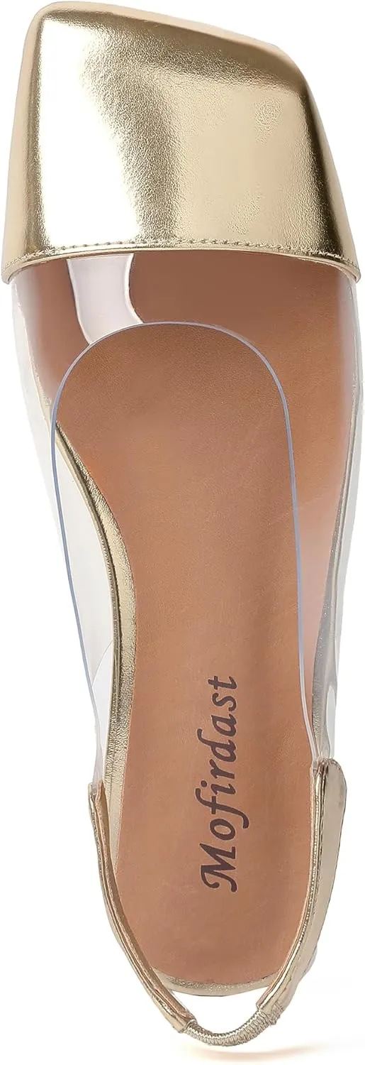 Mofirdast Clear Flats Sandals for Women Square Toe Slingback Flats with Transparent Ankle Strap for Work Weddings Parties