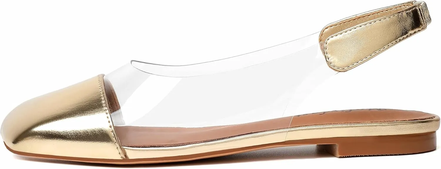 Mofirdast Clear Flats Sandals for Women Square Toe Slingback Flats with Transparent Ankle Strap for Work Weddings Parties