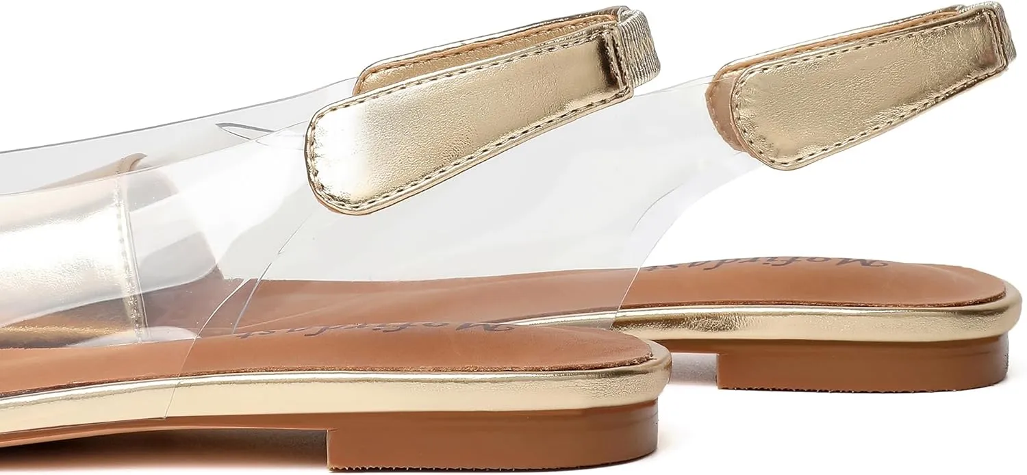 Mofirdast Clear Flats Sandals for Women Square Toe Slingback Flats with Transparent Ankle Strap for Work Weddings Parties
