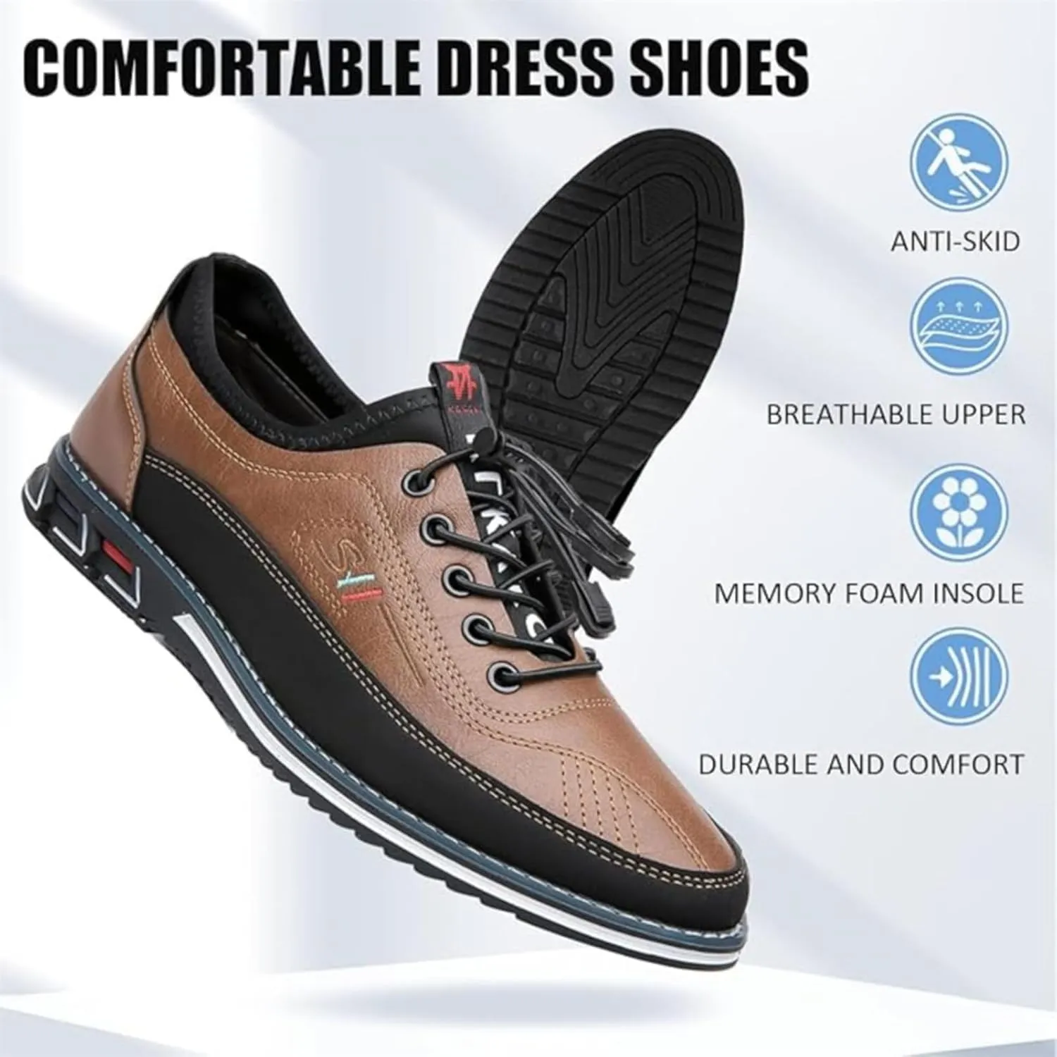 Moodeng Mens Dress Shoes Leather Causal Oxfords Lightweight Formal Business Shoes Adjustable Lacing Derby Shoes Comfortable Walking Loafers