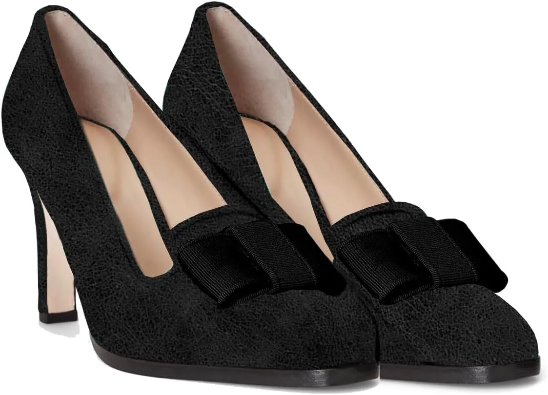 MOOMMO Women Bow Stiletto Heel Pumps Velvet Square Toe Slip On Stiletto High Heels 3 inch Elegant Bow Dress Pumps Wedding Bridal Evening Party Stilettos Loafers 4-11 M US