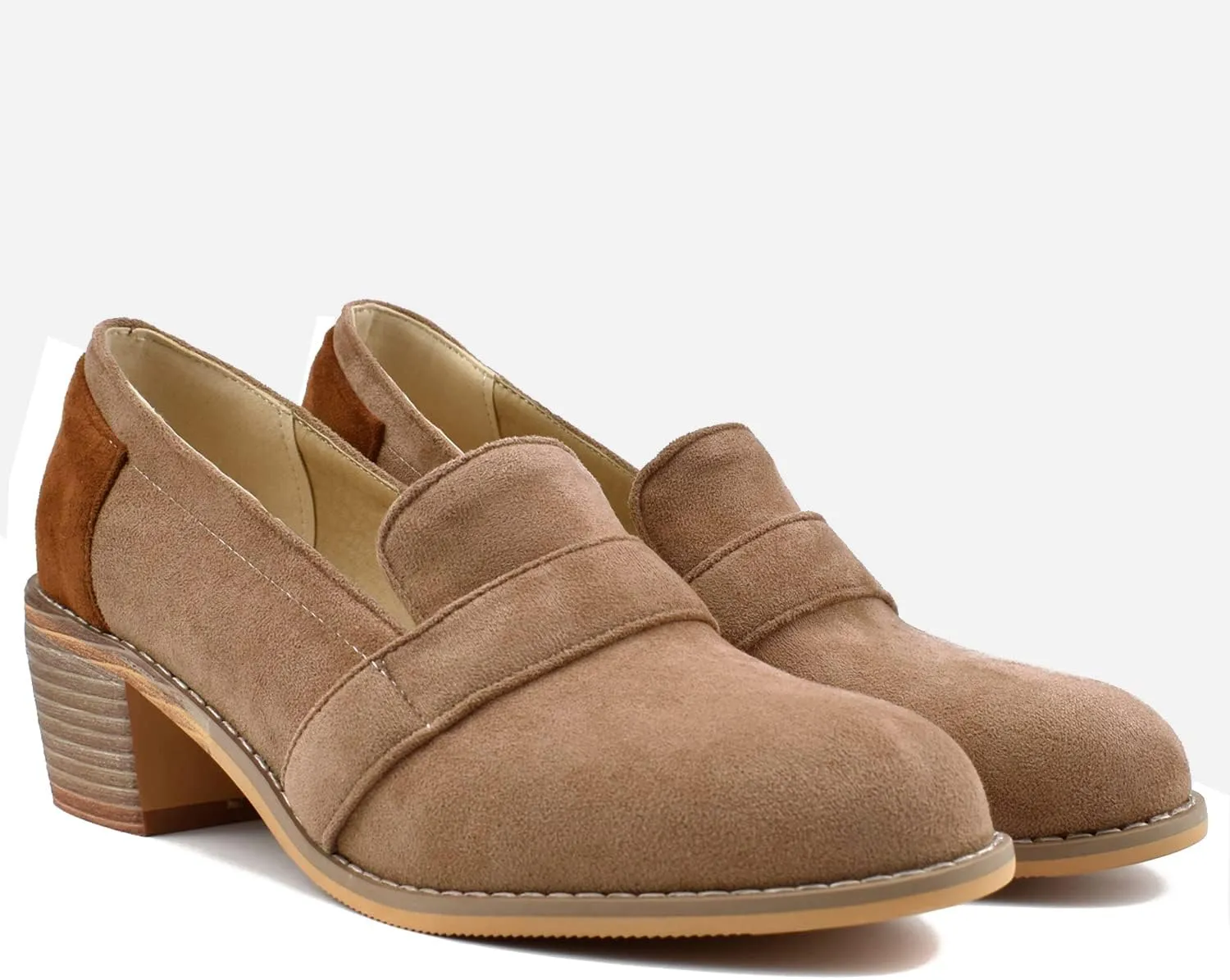 MOOMMO Women Chunky Stacked Heel Loafers Pumps Round Closed Toe Slip On Suede Penny Loafer Two-Toned Plus Size 4-14 M US