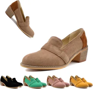 MOOMMO Women Chunky Stacked Heel Loafers Pumps Round Closed Toe Slip On Suede Penny Loafer Two-Toned Plus Size 4-14 M US