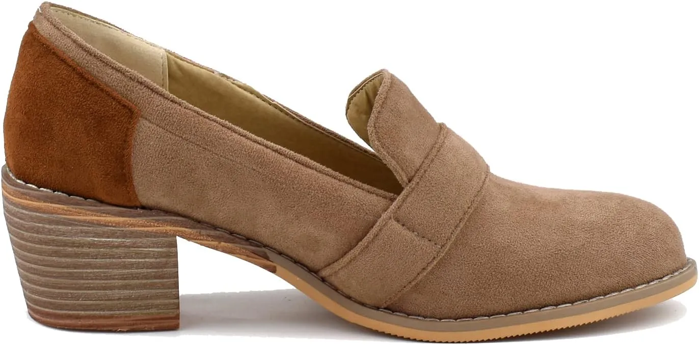 MOOMMO Women Chunky Stacked Heel Loafers Pumps Round Closed Toe Slip On Suede Penny Loafer Two-Toned Plus Size 4-14 M US
