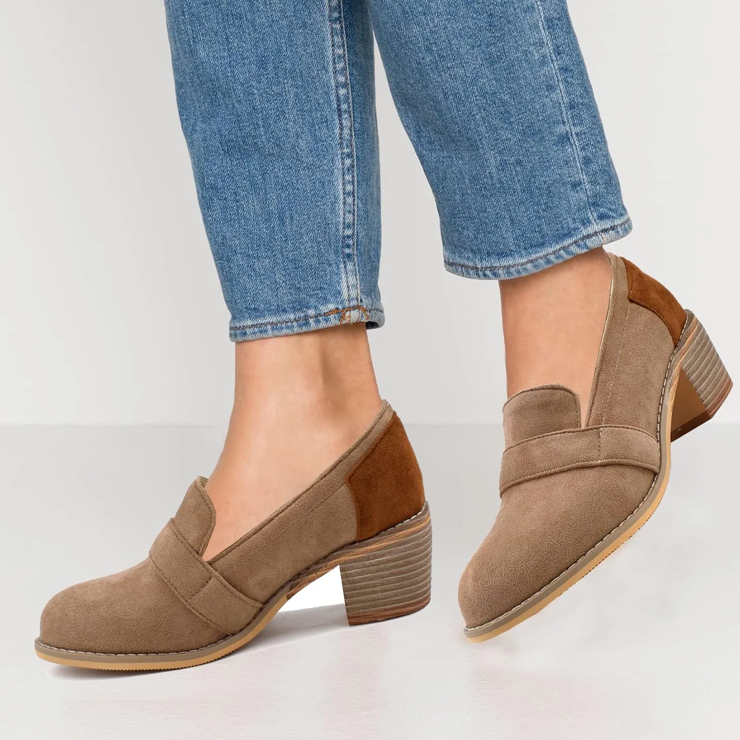 MOOMMO Women Chunky Stacked Heel Loafers Pumps Round Closed Toe Slip On Suede Penny Loafer Two-Toned Plus Size 4-14 M US