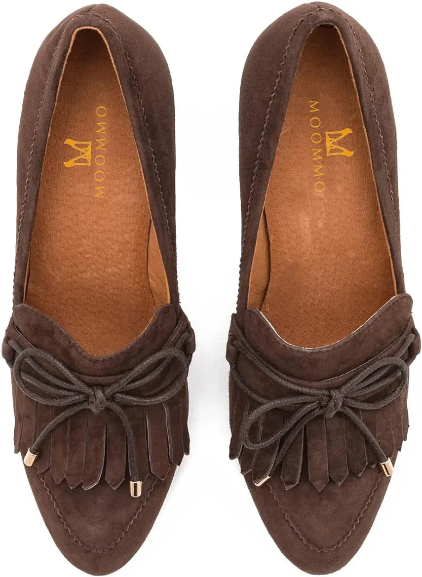MOOMMO Women High Chunky Heel Loafers Bow & Fringe Pumps Closed Round Toe Slip On Tassel Loafers 3 Inch Block Heel Suede Oxford Shoes for Office Ladies Work Business Party Dress Shoes Spring 4-11 M US