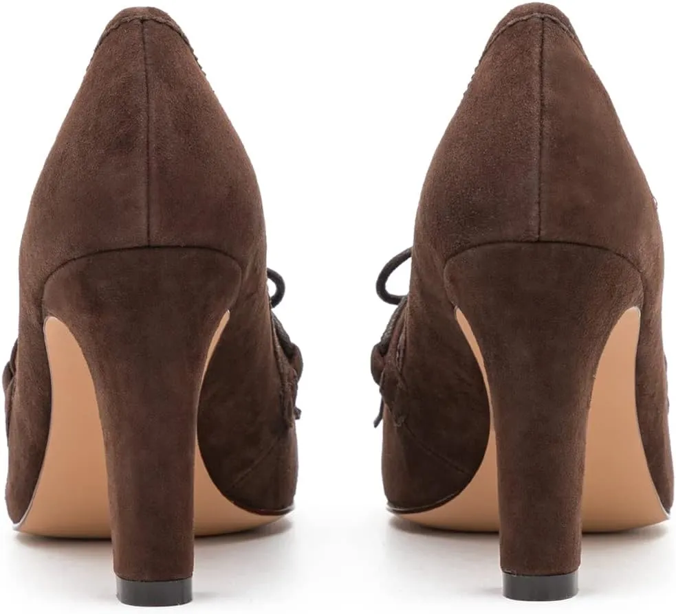 MOOMMO Women High Chunky Heel Loafers Bow & Fringe Pumps Closed Round Toe Slip On Tassel Loafers 3 Inch Block Heel Suede Oxford Shoes for Office Ladies Work Business Party Dress Shoes Spring 4-11 M US