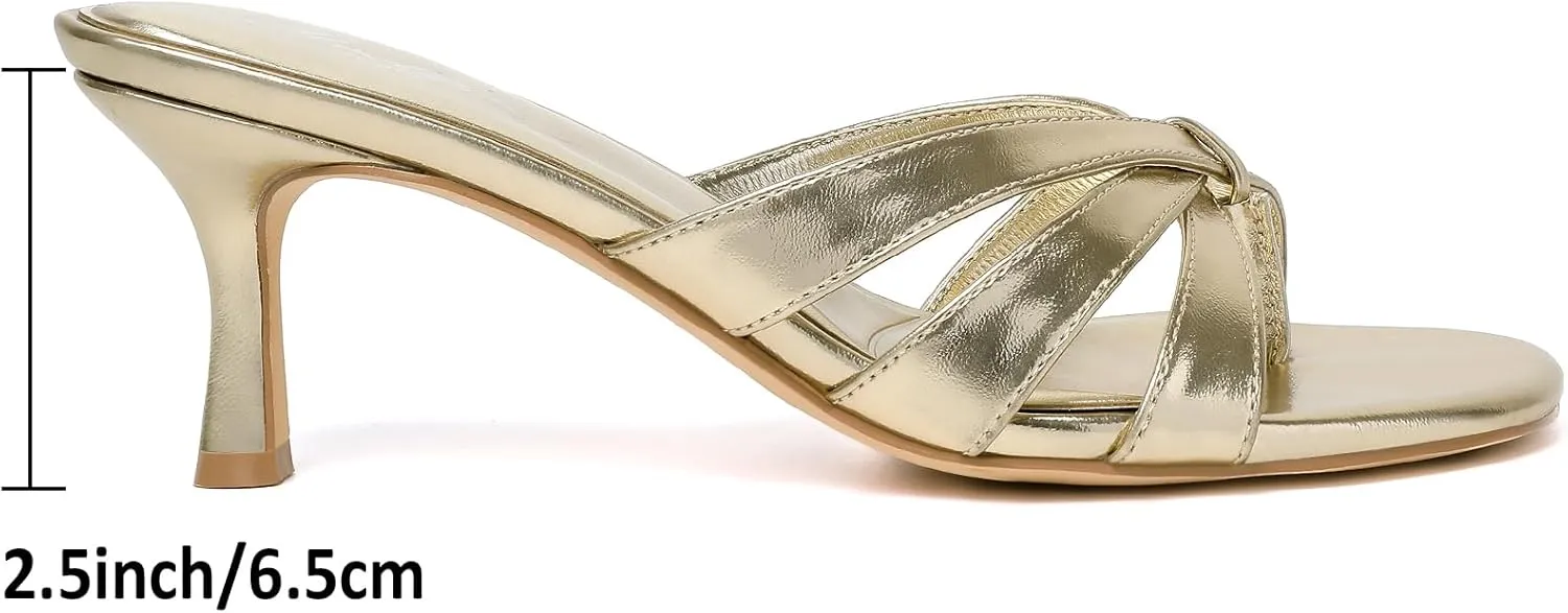 Mostrin Strappy Kitten Heels for Women Round Open Toe Flip Flops Slip On Mules Heels Fashion Thong Heeled Sandals for Party Wedding Holiday