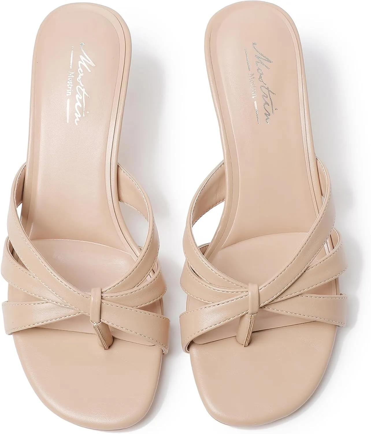 Mostrin Strappy Kitten Heels for Women Round Open Toe Flip Flops Slip On Mules Heels Fashion Thong Heeled Sandals for Party Wedding Holiday