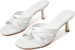 Mostrin Strappy Kitten Heels for Women Round Open Toe Flip Flops Slip On Mules Heels Fashion Thong Heeled Sandals for Party Wedding Holiday