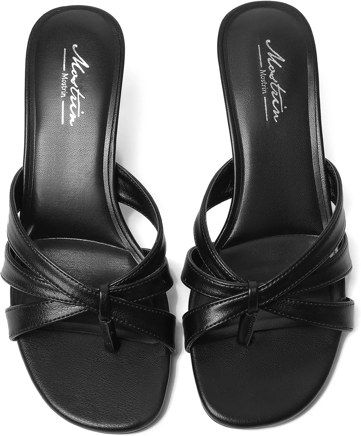 Mostrin Strappy Kitten Heels for Women Round Open Toe Flip Flops Slip On Mules Heels Fashion Thong Heeled Sandals for Party Wedding Holiday