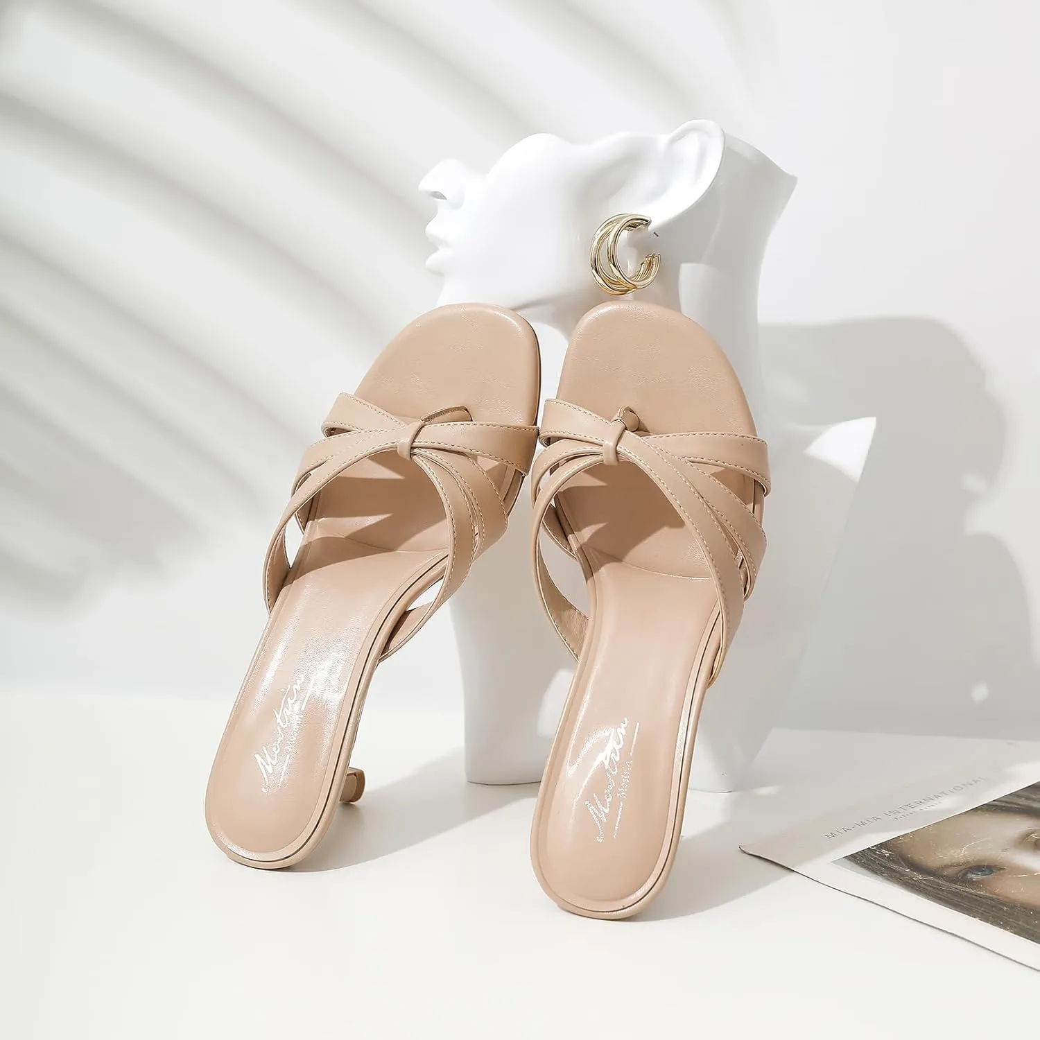 Mostrin Strappy Kitten Heels for Women Round Open Toe Flip Flops Slip On Mules Heels Fashion Thong Heeled Sandals for Party Wedding Holiday