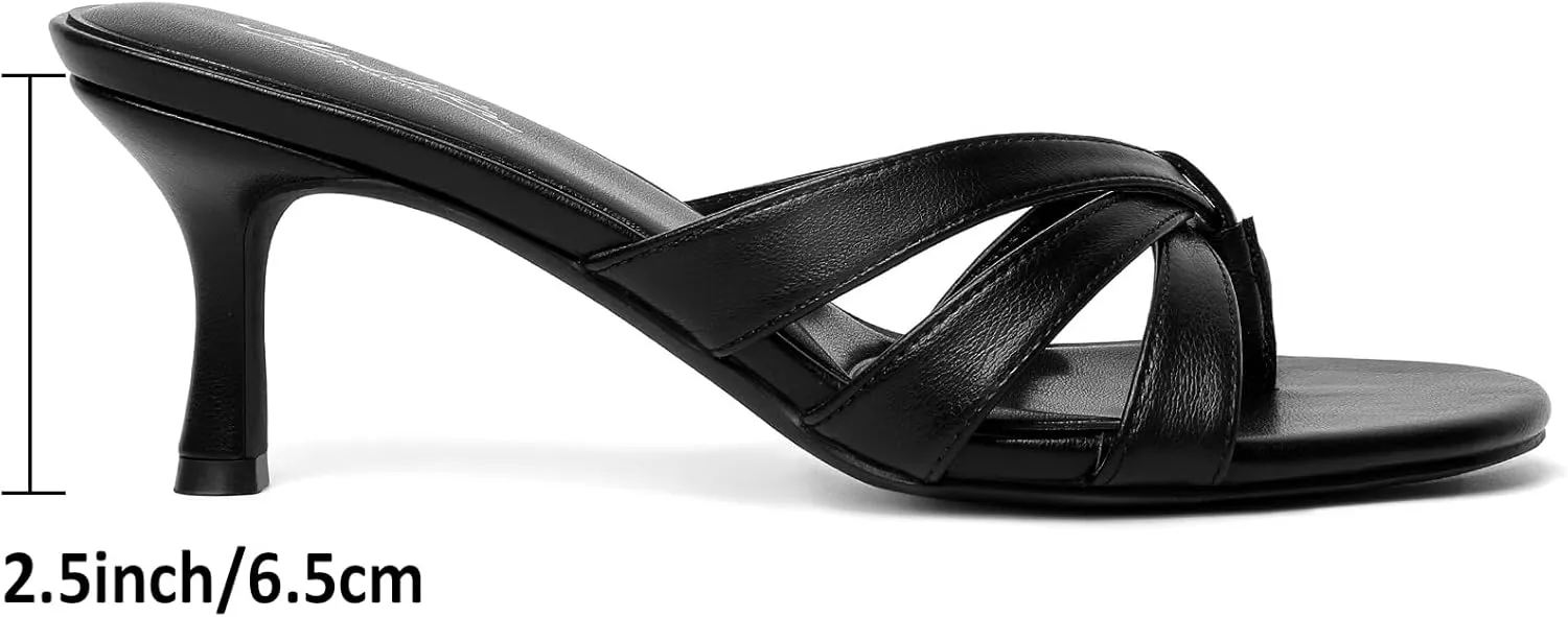 Mostrin Strappy Kitten Heels for Women Round Open Toe Flip Flops Slip On Mules Heels Fashion Thong Heeled Sandals for Party Wedding Holiday