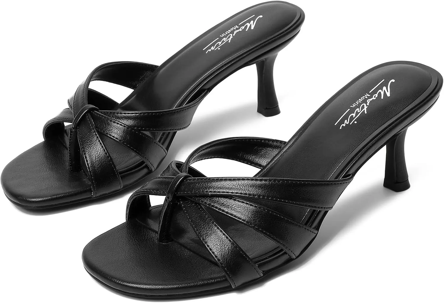 Mostrin Strappy Kitten Heels for Women Round Open Toe Flip Flops Slip On Mules Heels Fashion Thong Heeled Sandals for Party Wedding Holiday