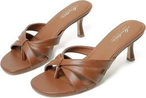 Mostrin Strappy Kitten Heels for Women Round Open Toe Flip Flops Slip On Mules Heels Fashion Thong Heeled Sandals for Party Wedding Holiday