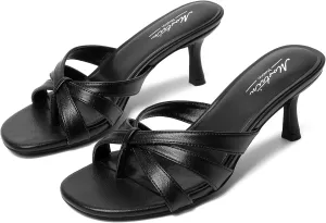 Mostrin Strappy Kitten Heels for Women Round Open Toe Flip Flops Slip On Mules Heels Fashion Thong Heeled Sandals for Party Wedding Holiday