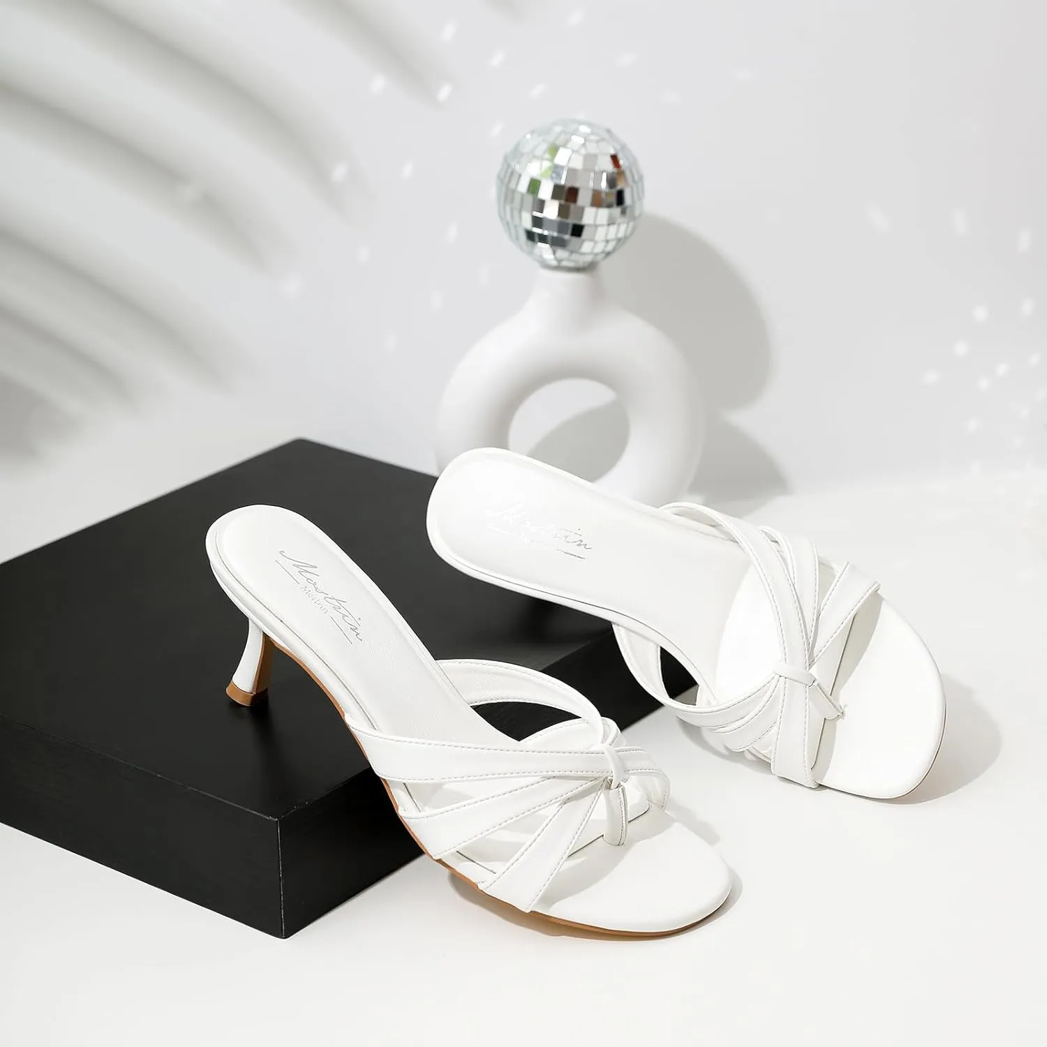 Mostrin Strappy Kitten Heels for Women Round Open Toe Flip Flops Slip On Mules Heels Fashion Thong Heeled Sandals for Party Wedding Holiday