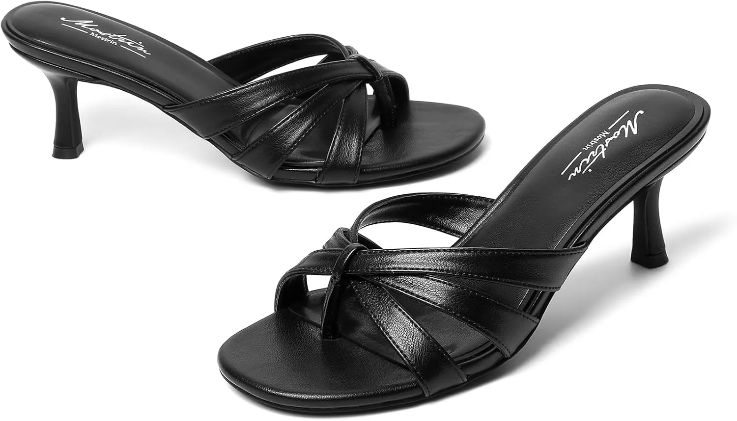 Mostrin Strappy Kitten Heels for Women Round Open Toe Flip Flops Slip On Mules Heels Fashion Thong Heeled Sandals for Party Wedding Holiday