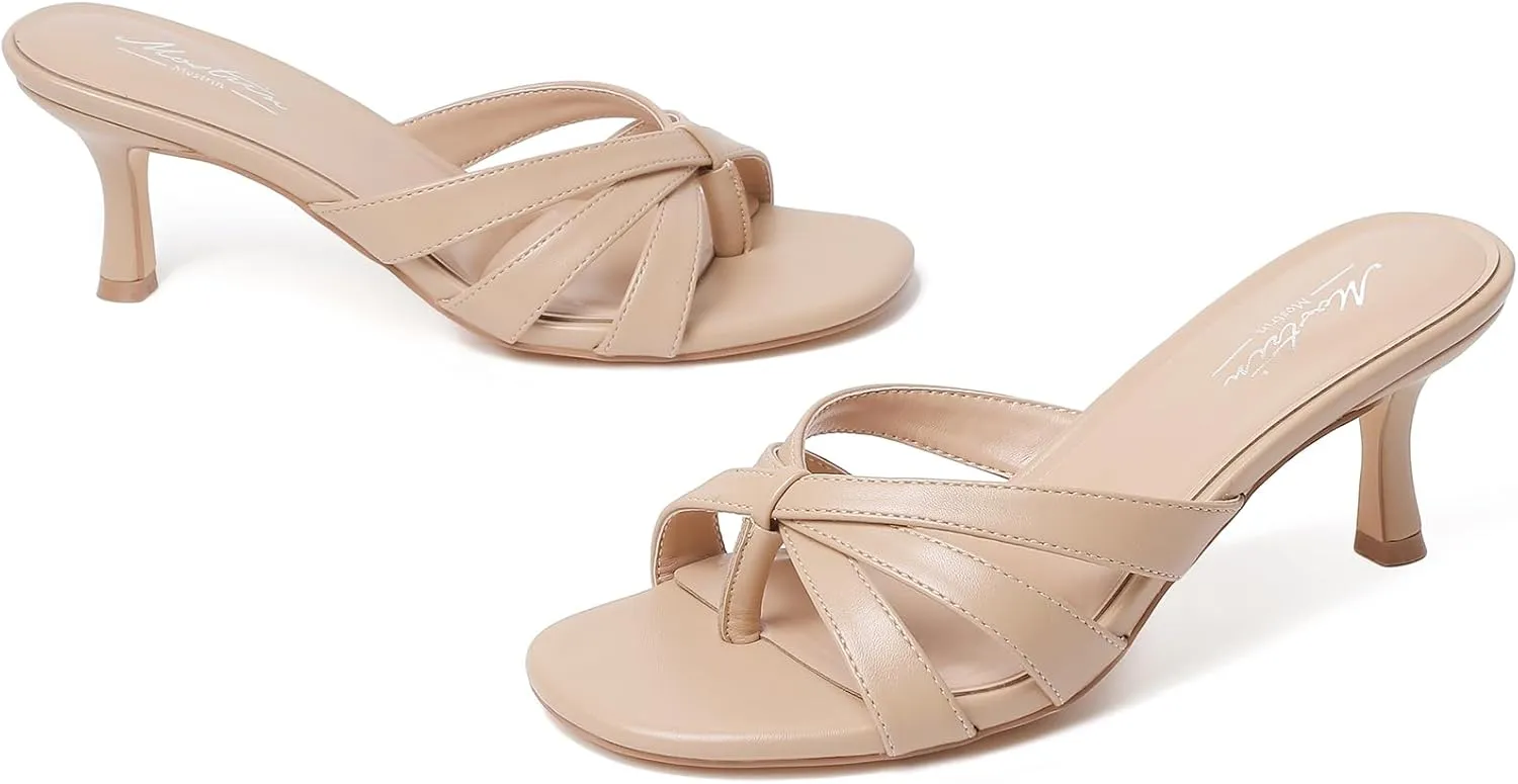 Mostrin Strappy Kitten Heels for Women Round Open Toe Flip Flops Slip On Mules Heels Fashion Thong Heeled Sandals for Party Wedding Holiday
